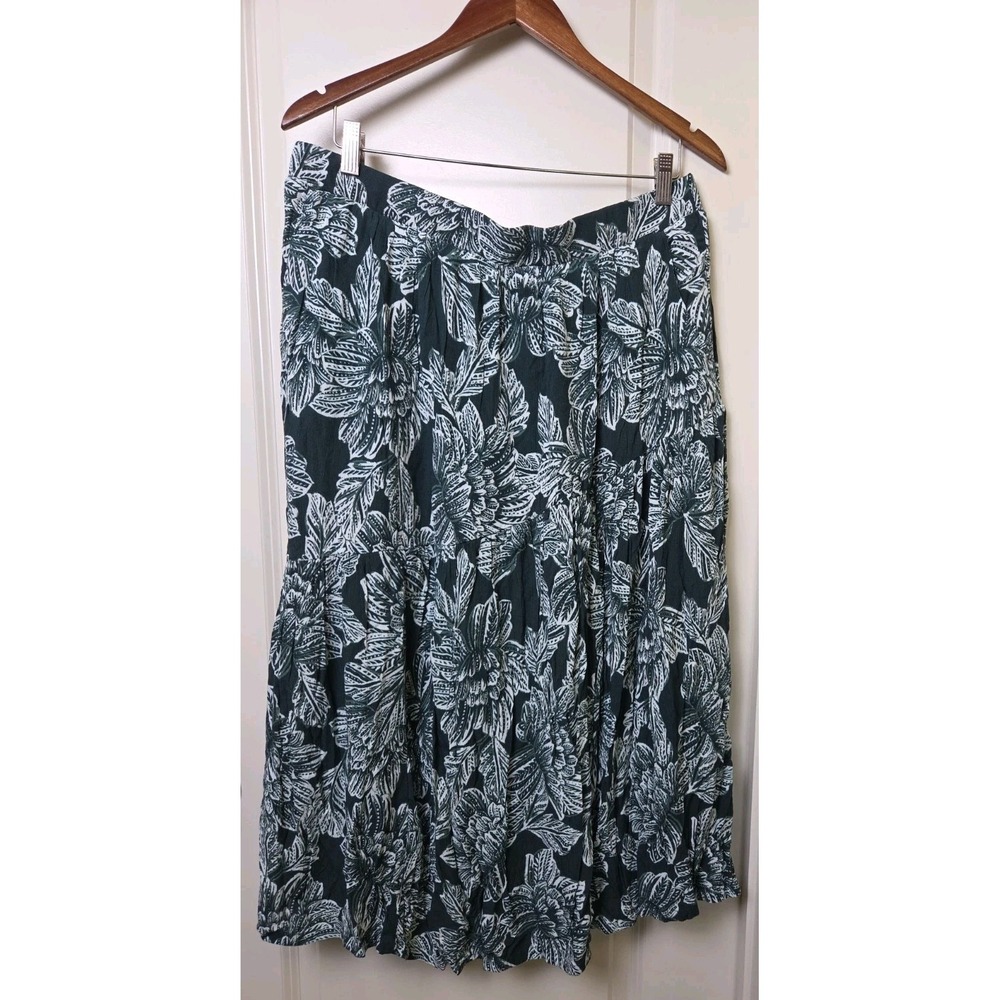 Garnet Hill Midi Skirt Green Floral Leaf EcoVero Viscose Flowy Boho A-Line Sz L